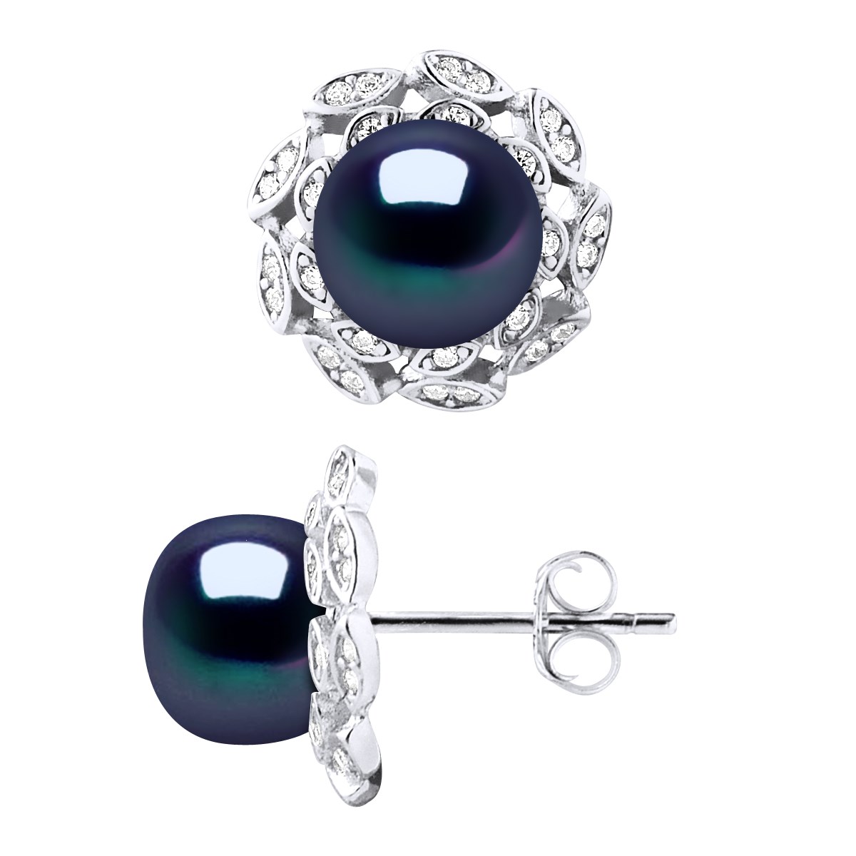 Clous d'Oreilles FLEUR Perles d'Eau Douce Boutons 8-9 mm Noires Joaillerie Argent 925