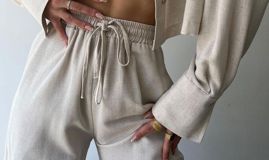 Bolgivy - Set: Lange mouwen effen overhemd met knoopjes + hoge taille broek met wijde pijpen