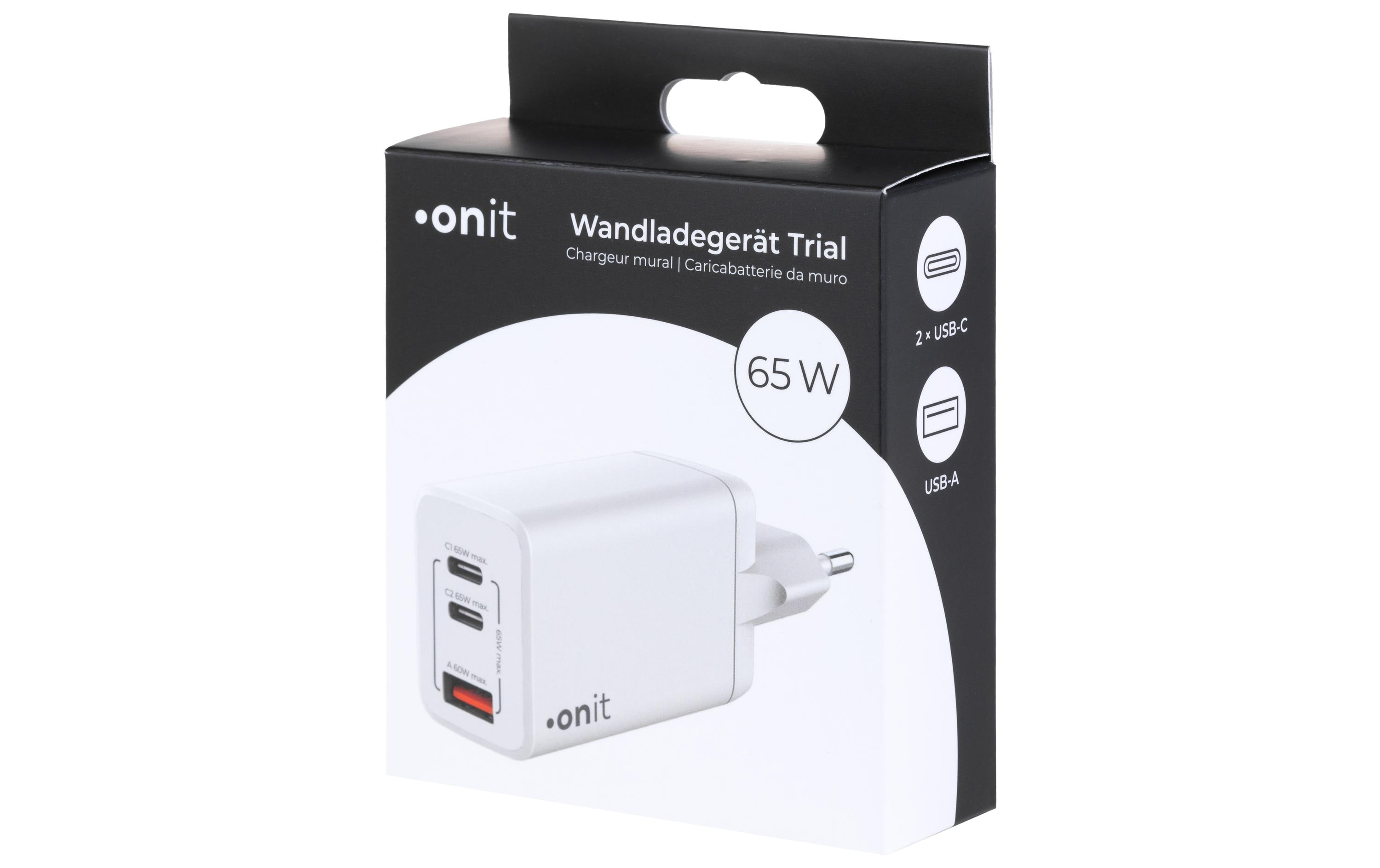 USB-Wandladegerät Trial QC4+ 65 W GaN WeissLadeadapter mit zwei USB-C-Ports und einem USB-A-Port