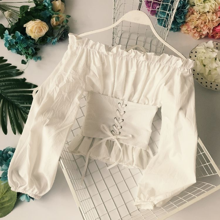 Lucuna - Blouse met lange mouwen, off-shoulder ruches en vetersluiting