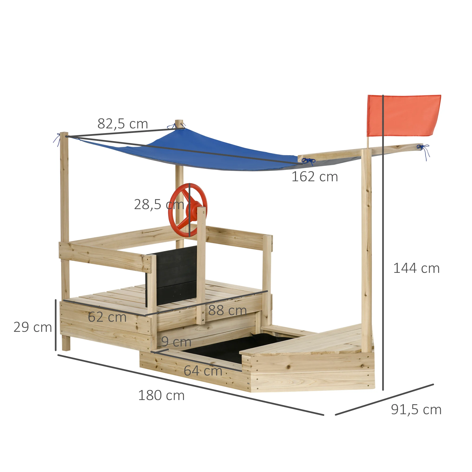 Caixa de areia infantil de madeira Outsunny, caixa de areia para jardim, design de galeão com vela, toldo, quadro-negro, bandeira vermelha e roda para crianças a partir de 3 anos, 180x91,5x144 cm, natural