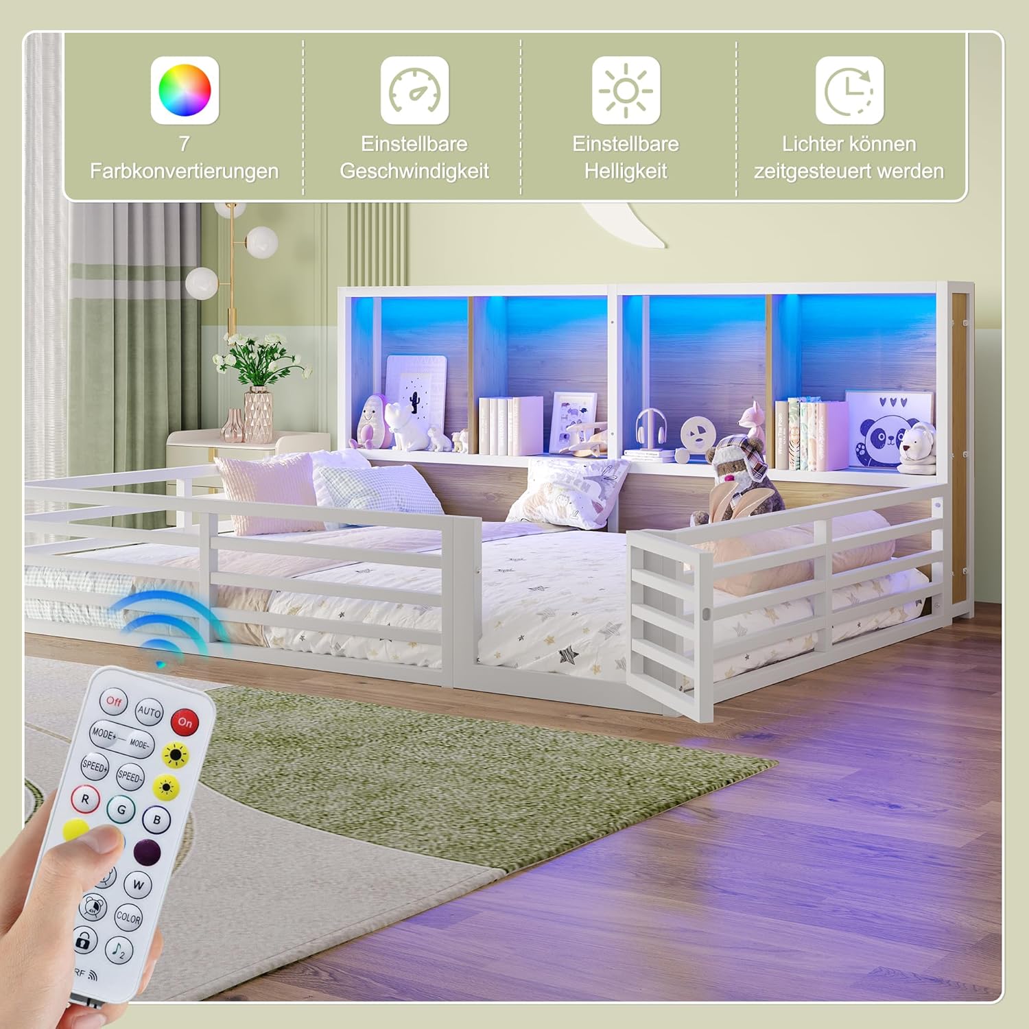 Kinderbett Bodenbett 140x200, Hausbett mit Rausfallschutz&Lattenrost, Montessori Bett mit 4 Staufächer&LED-Beleuchtung&Tür, Doppelbett Gitterbett Metallbett Bettgestell Spielbett, Ohne Matratze, Weiß