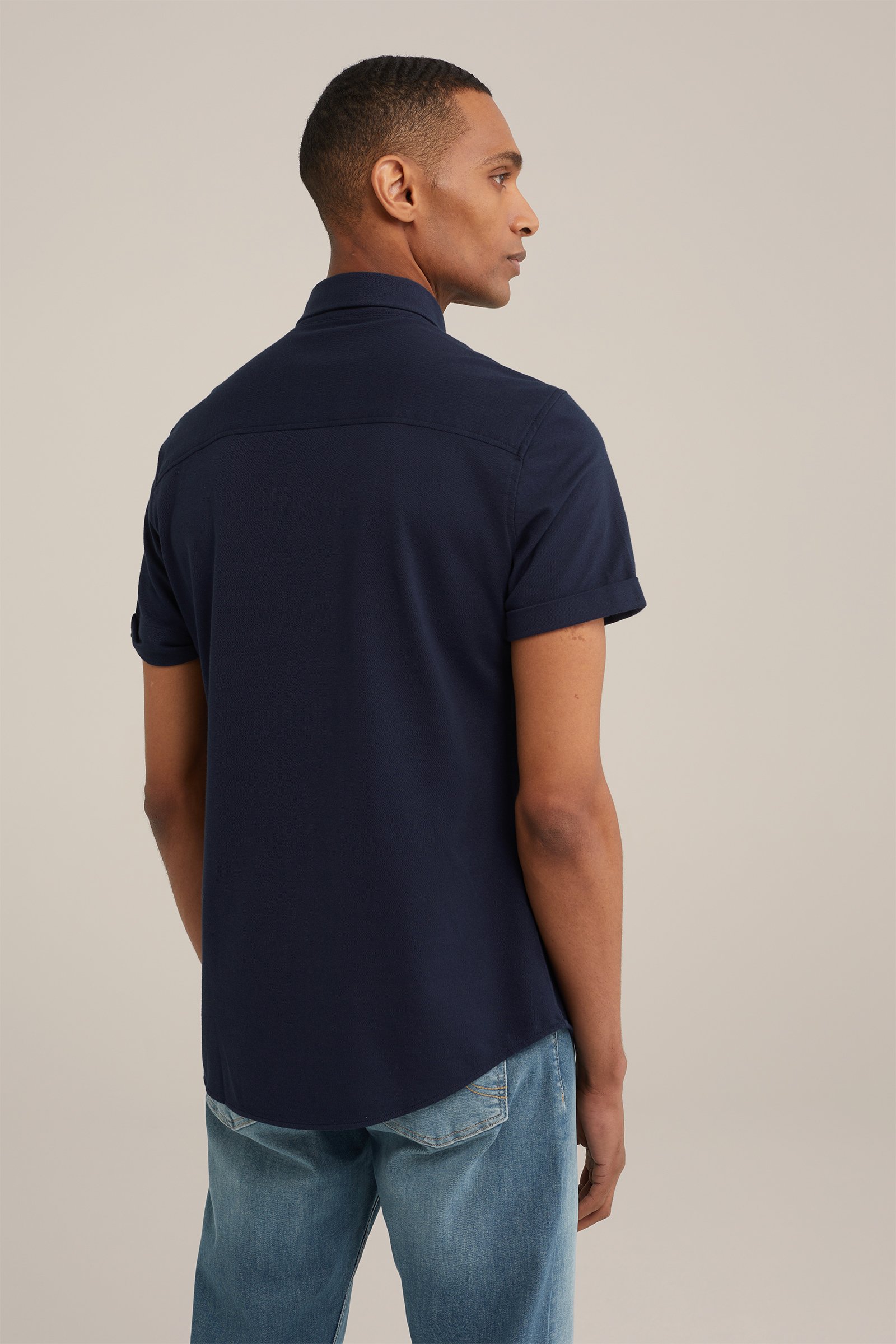 piquejersey overhemd met stretch Fundamentals Donkerblauw