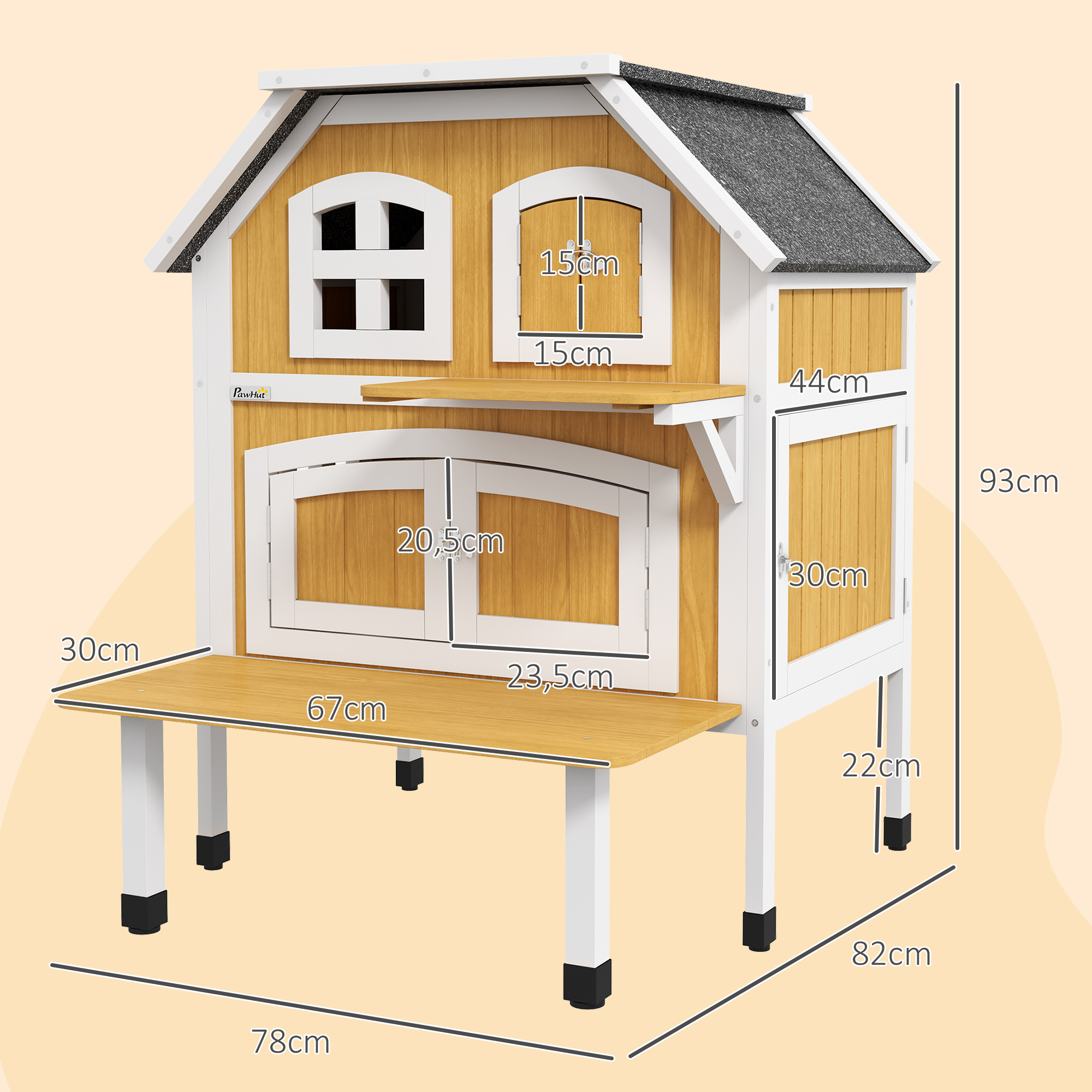 Casinha de madeira para gatos PawHut, 78x82x93 cm, com 2 níveis, terraço no telhado de asfalto e plataforma de salto natural.