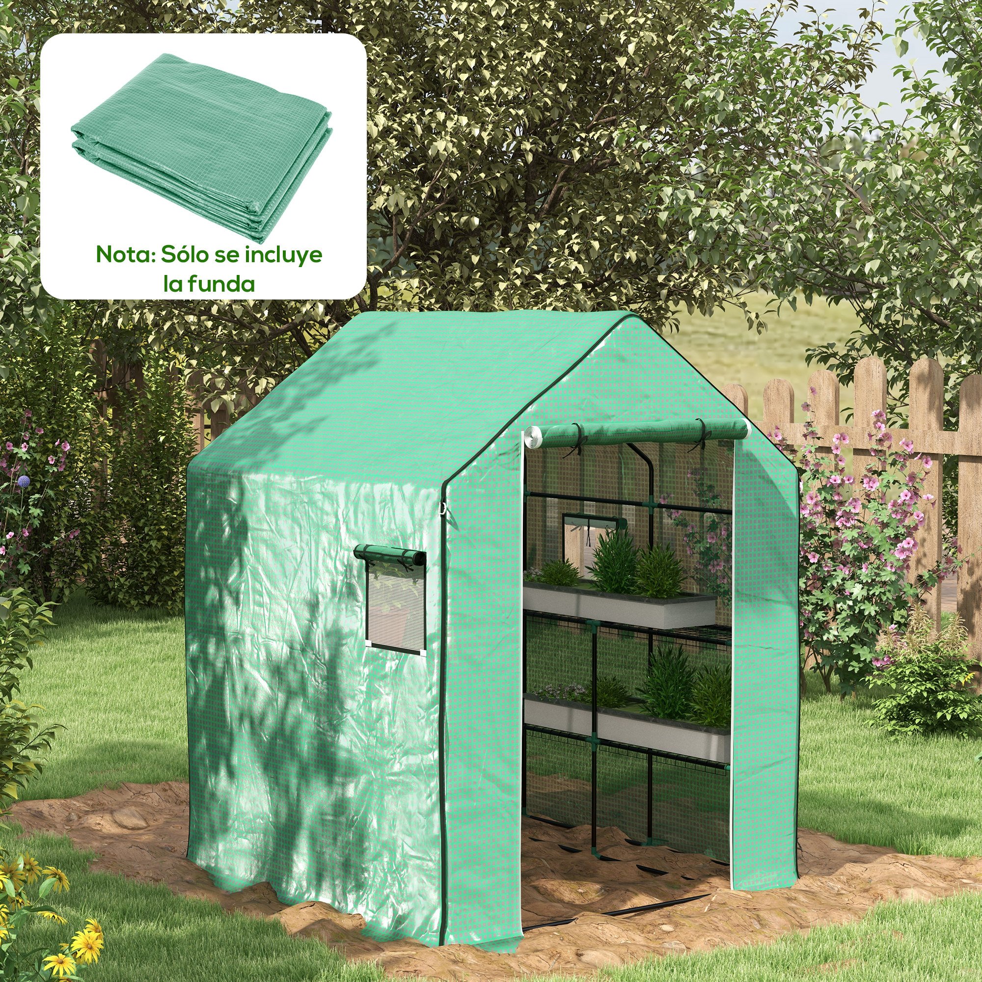 Capa de estufa Outsunny 140x143x190 cm, capa de substituição para estufa com janela e porta com zíper, proteção anti-UV para plantas de jardim.
