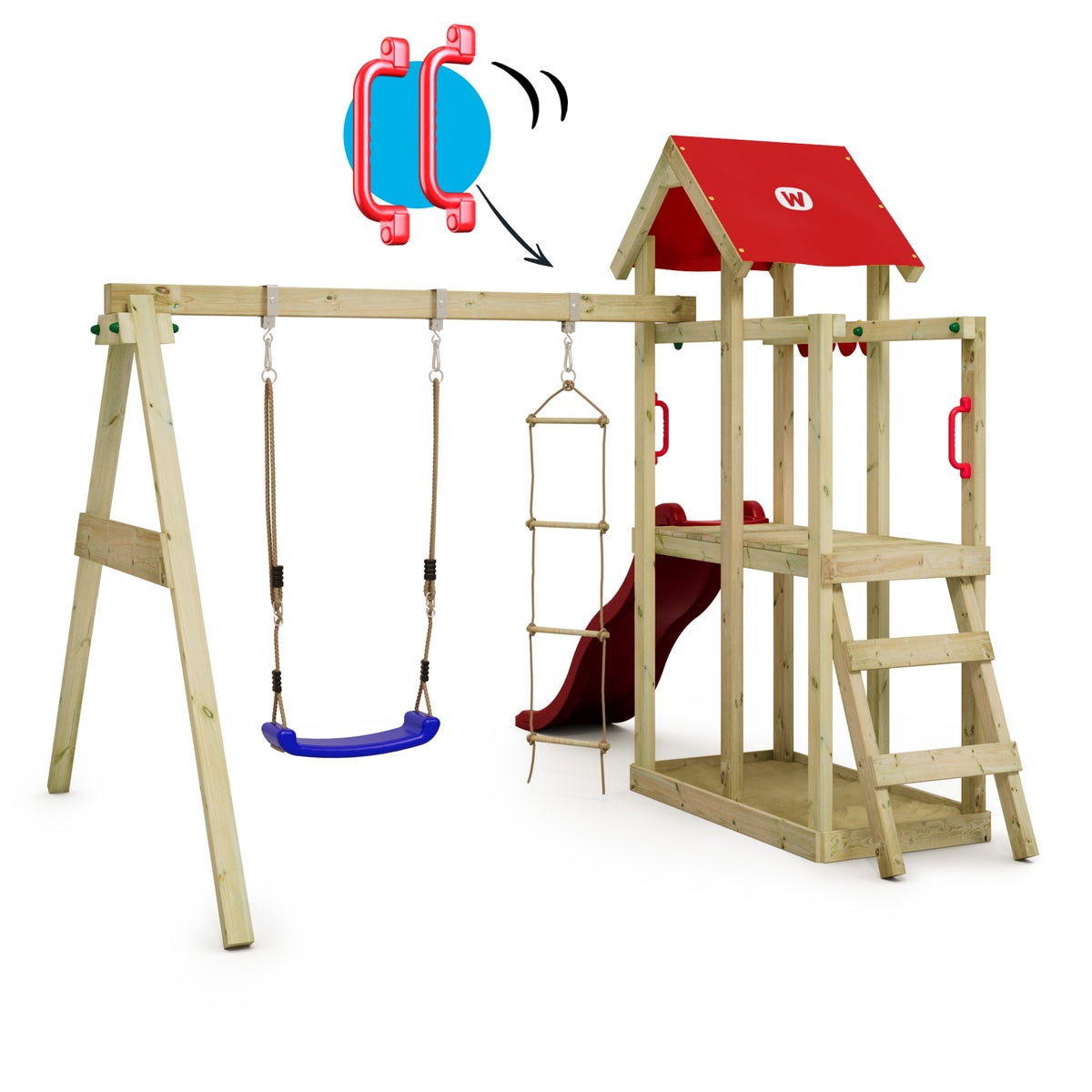 WICKEY TinyPlace Speeltoren Klimrek met Schommel en Glijbaan, Klimtoren met Zandbak, Ladder en Speelaccessoires - Rood