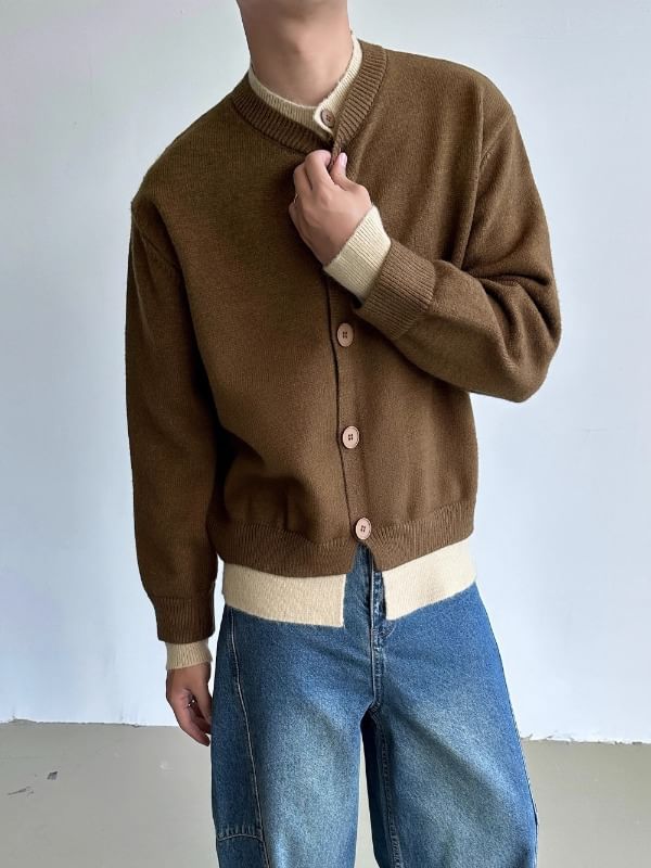 Nikoflin - Mock Two-Piece Crewneck Two Tone Button-Up Cardigan