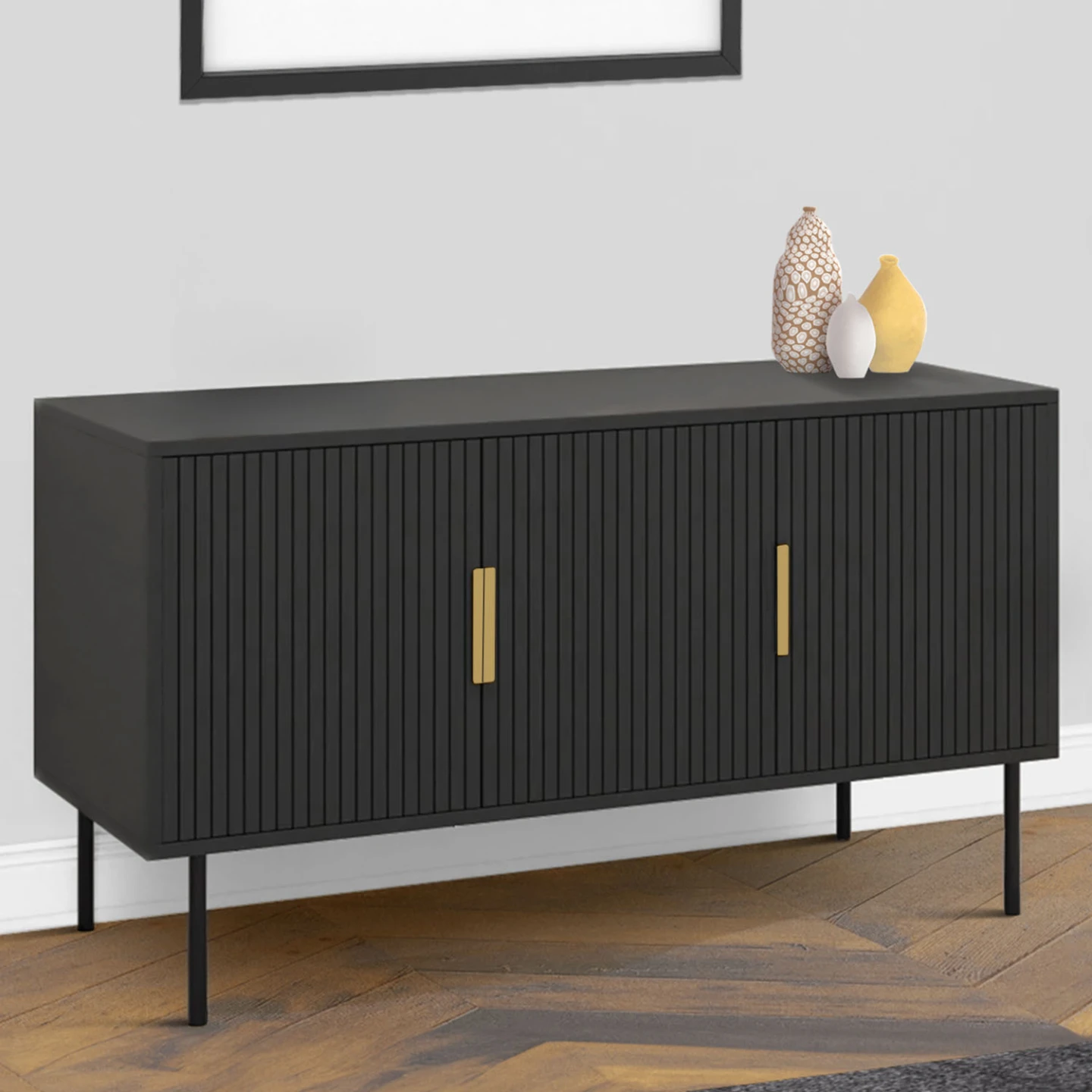 Buffet 110 cm MARCEL 3 portes lattes tasseau bois noir