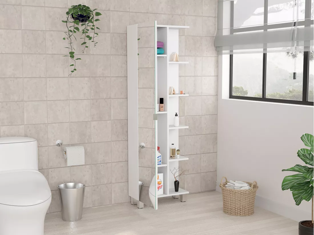 Colonne de salle de bain multifonctionnelle Urano en mélamine, avec miroir, 157.98 cm X 51.18 cm X 21.79 cm , Blanc