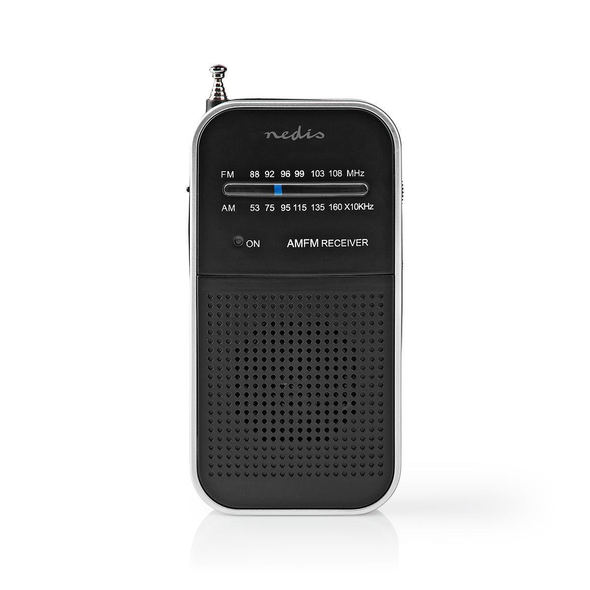 Nedis FM-radio | Bærbar design | AM / FM | Batteri drevet | Analog | 1.5 W | Svart hvit skerm | Hodetelefonutgang | IP20 | Aluminium / Sort