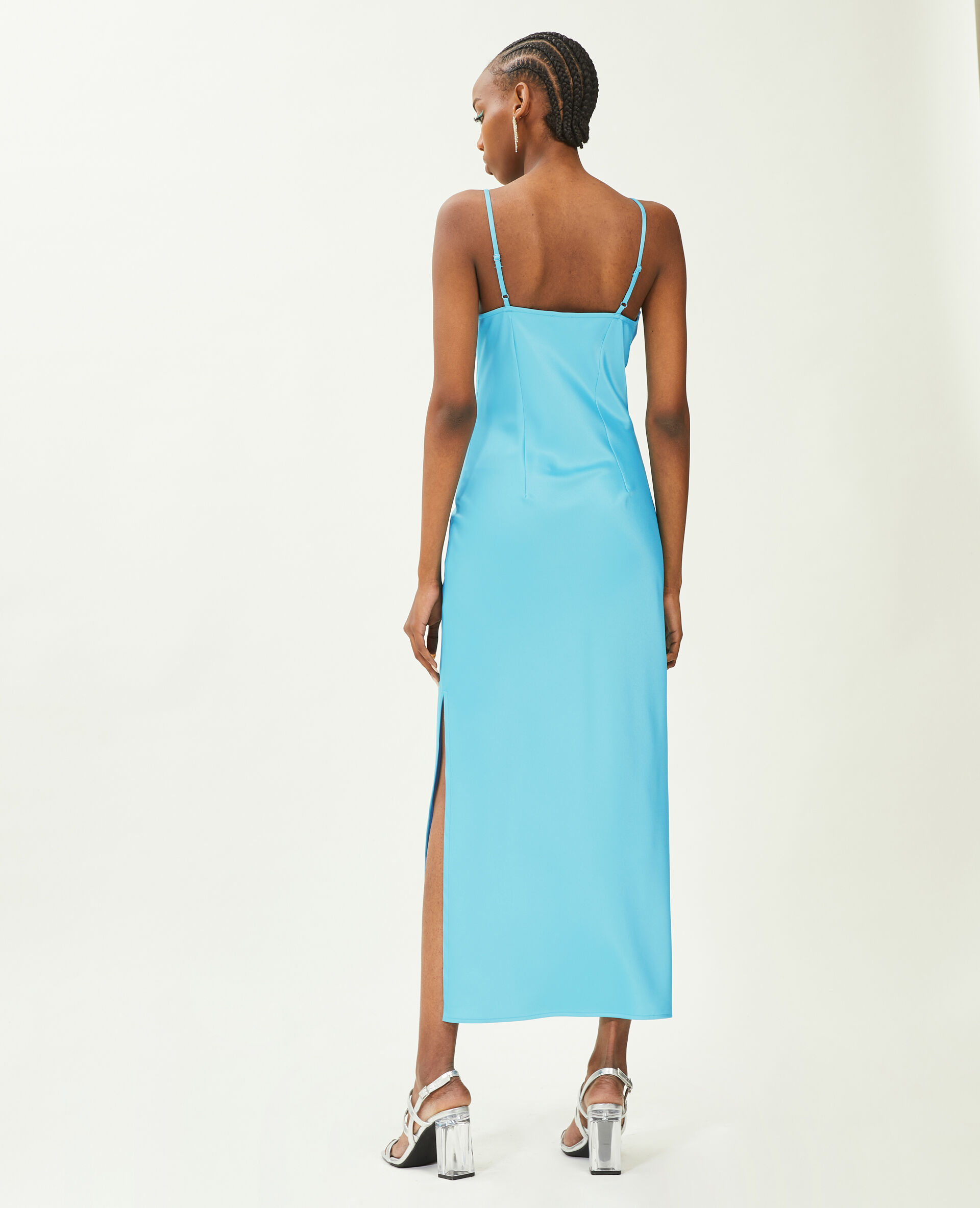 Robe longue en tissu satiné - Bleu turquoise