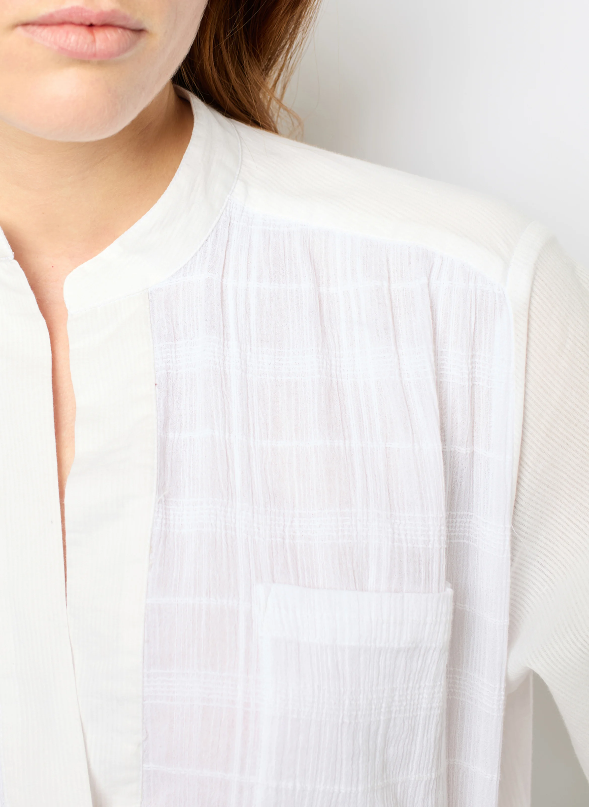 BASILIA - Chemise droite col tunisien en coton à carreaux | Blanc