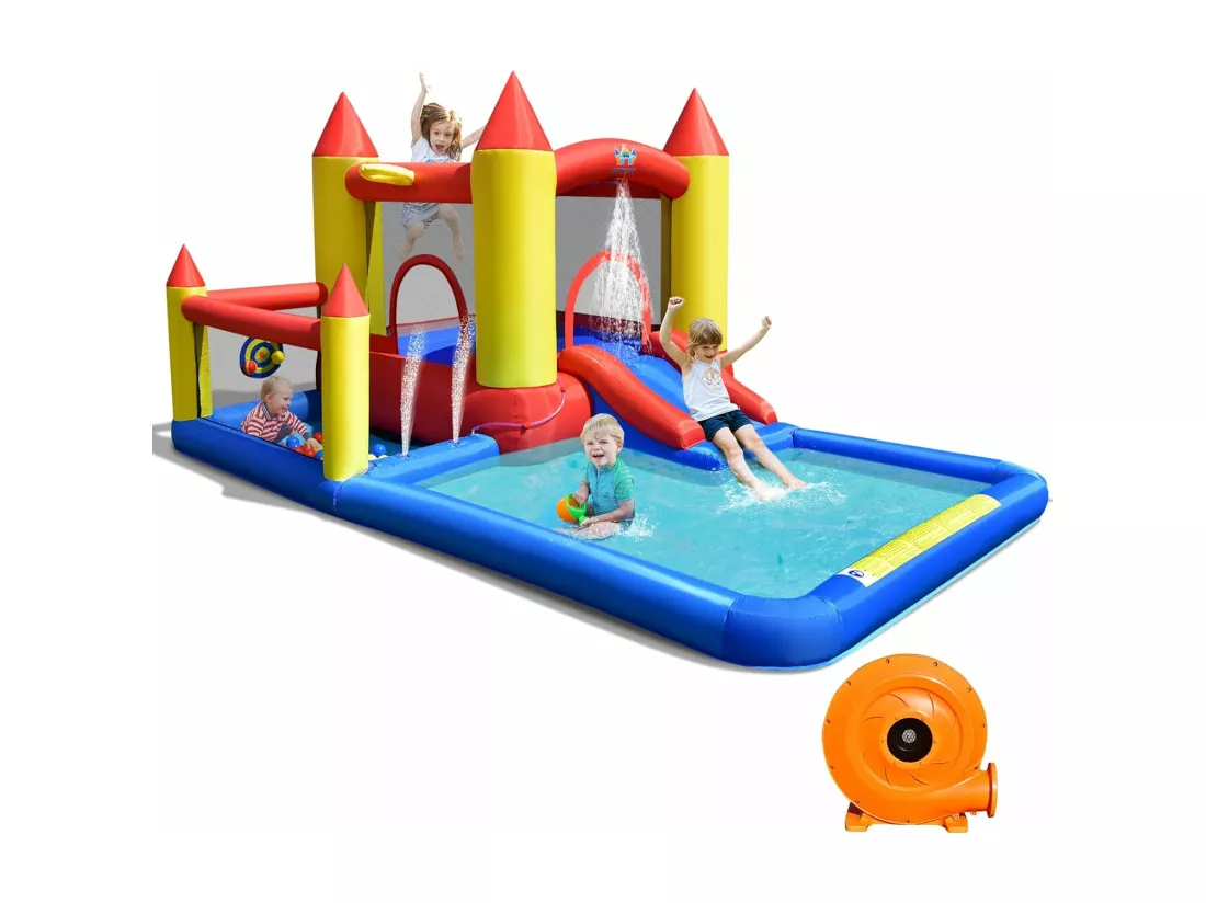 Toboggan Aquatique Gonflable Gonfleur 480W Zone de Saut,Pataugeoire,Piscine à Balles,Panier de Basket-ball,Jeu de Lancer