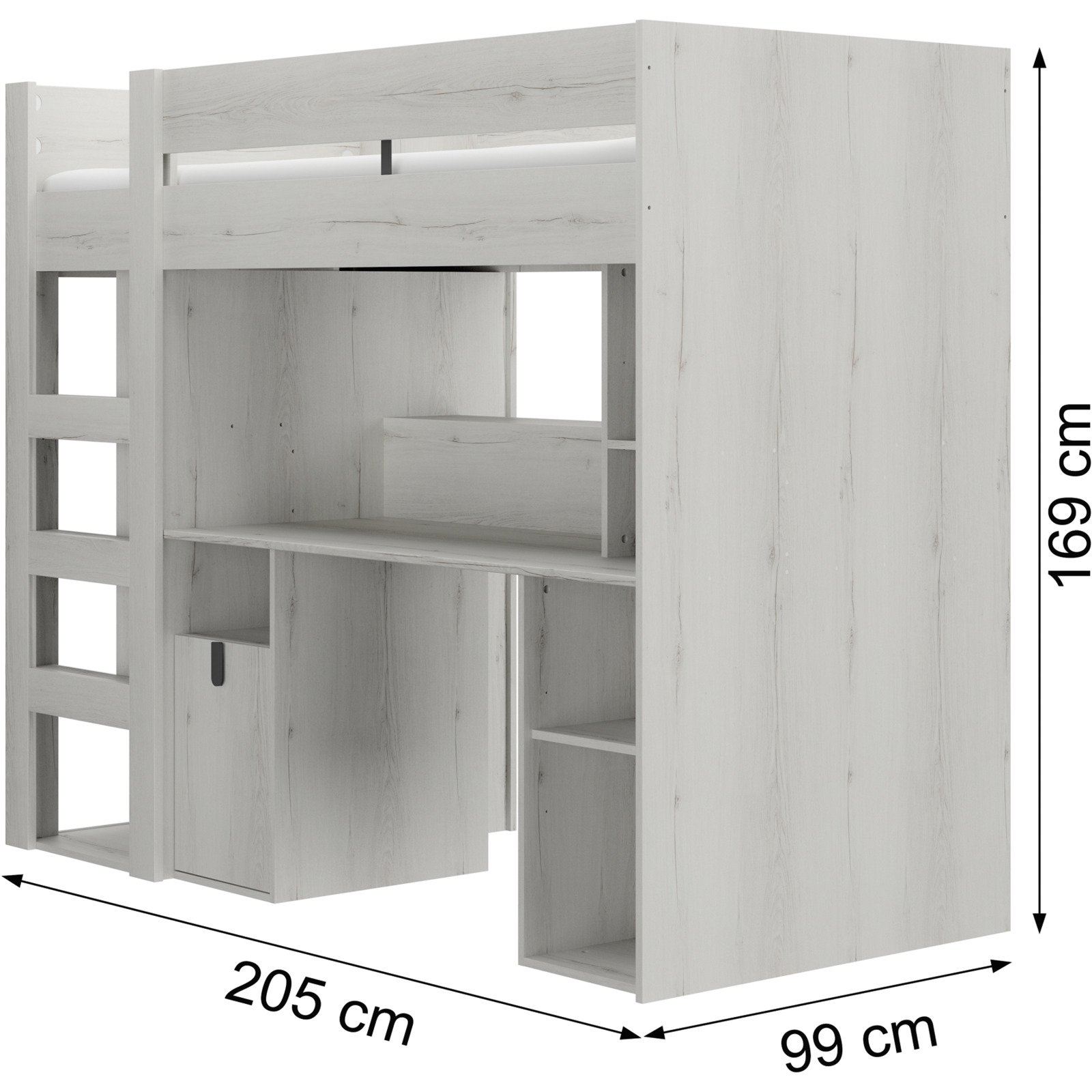 Hochbett Lugano Eiche weiss lasiert 90 x 200 cm