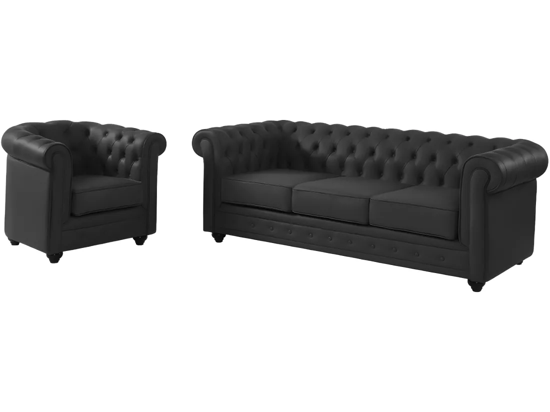 Canapé 3 places et fauteuil en cuir de buffle CHESTERFIELD - Noir
