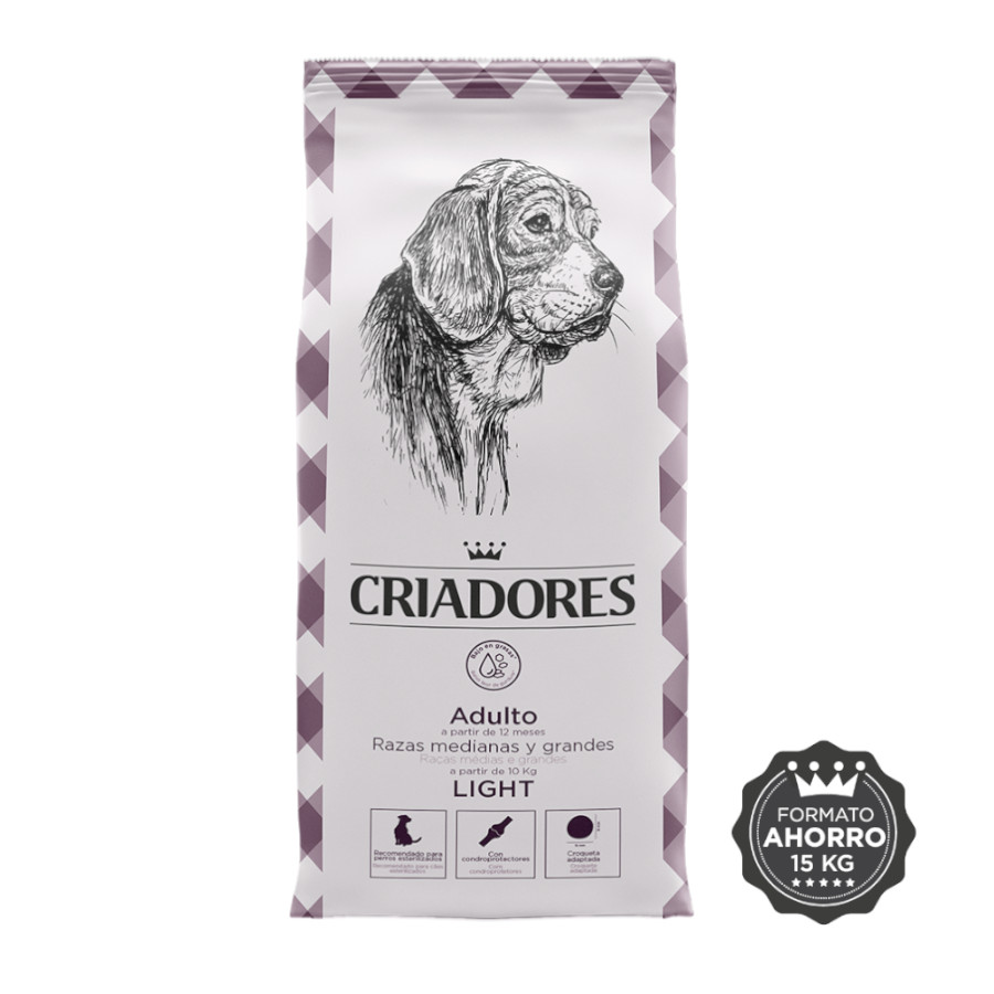 Ração Breeders Adult Light para cães de raças grandes e médias.
