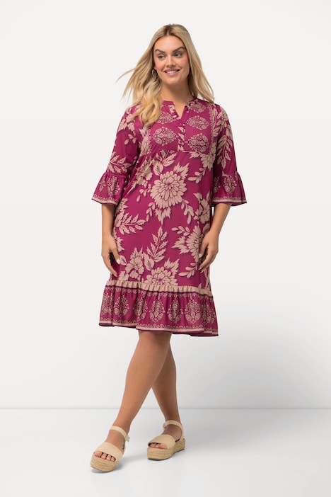 Minikleid, Blüten, A-Linie, V-Ausschnitt, 3/4-Arm