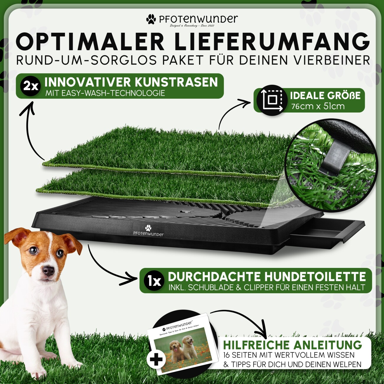 PfotenWunder® Hundeklo XXL 76*51cm, 2 Easy-Wash-Rasen + 1 Büchlein, Hundetoilette für kleine & große Hunde, festes Gras, Welpentoilette drinnen Welpenklo zuhause Gras Hundetoiletten Balkon Indoor WC Klo