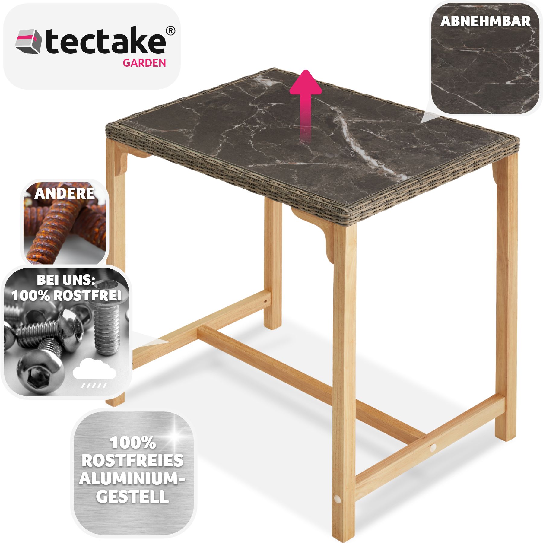 tectake® Rattan Bartisch, mit Aluminium- und Holzgestell, wetterfest und UV-beständig, 96 x 65 x 100 cm