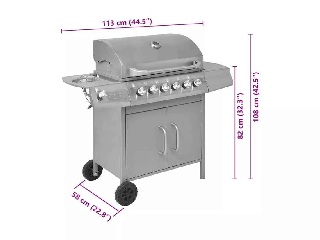 Barbecue à gaz 6 + 1 zone de cuisson Argenté
