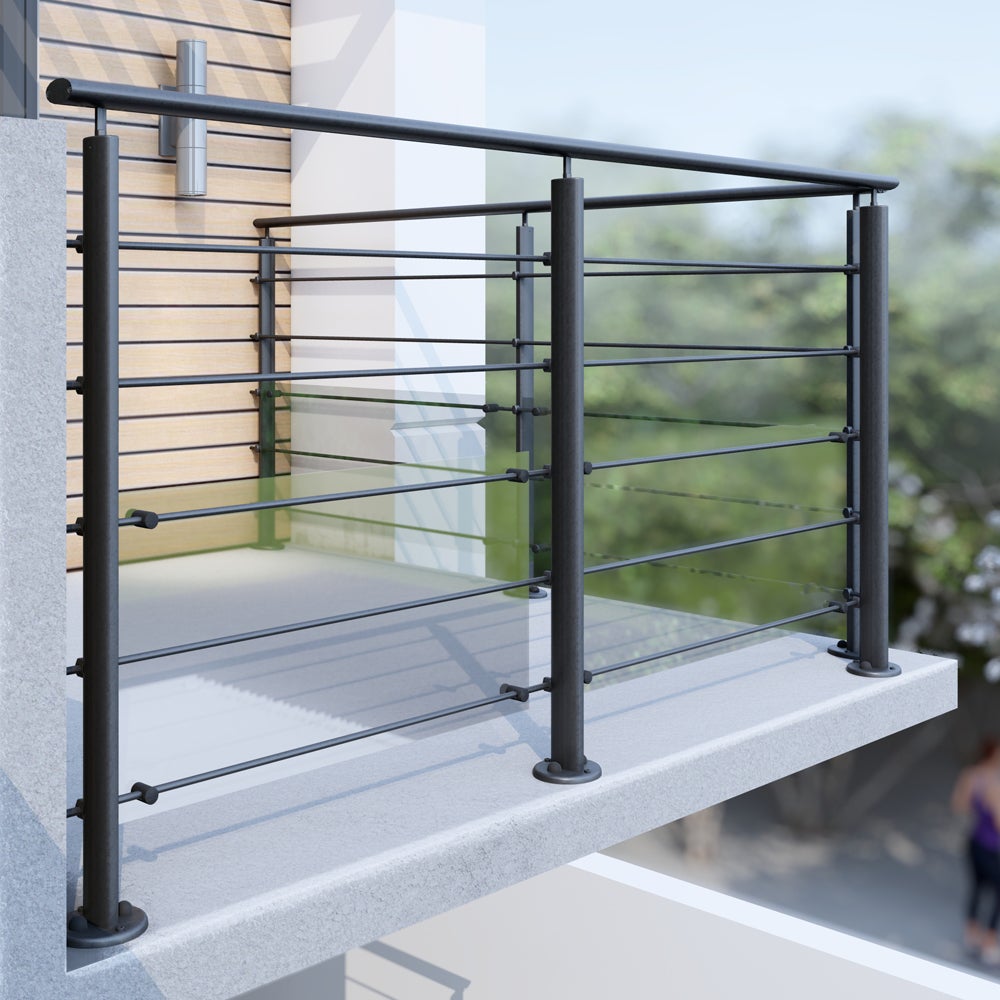 PRESTIO – 2m leuningset, klaar voor montage, van aluminium – vloermontage, massief zwart