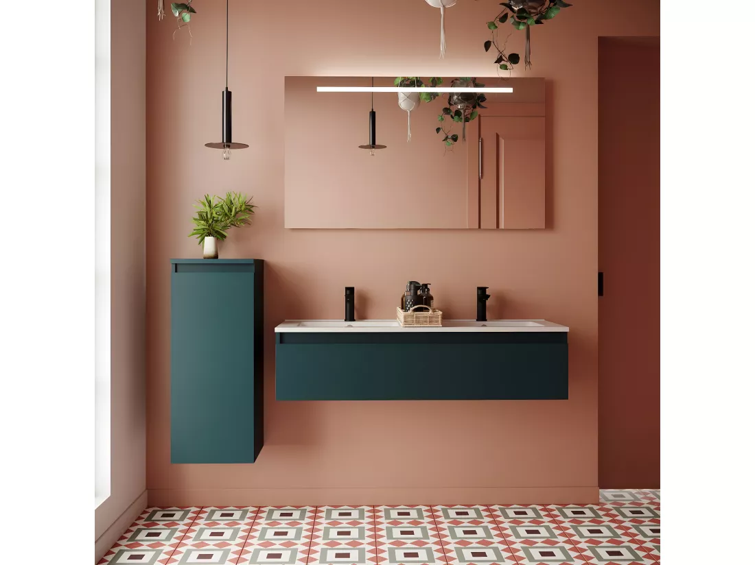 Meuble de salle de bain suspendu double vasque intégrée 120cm 1 tiroir Bleu - Hudson