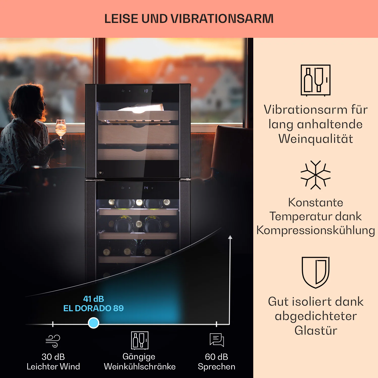 El Dorado 89 Käse & Weinkühlschrank 2 Zonen Touch 89L LED Schwarz 89 Liter