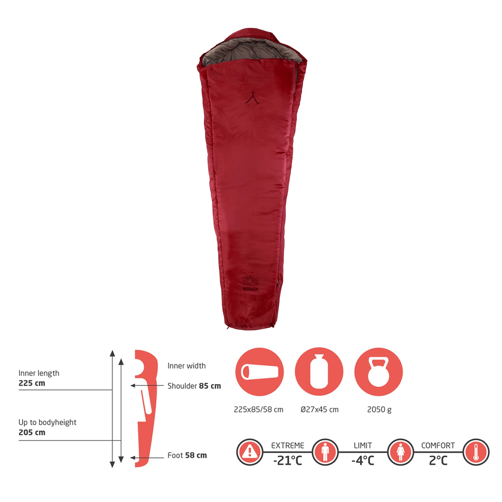 Winter Mumien Schlafsack 3 Jahreszeiten Lang Grand Canyon Fairbanks 205 XL -21°C Farbe: Red Dahlia