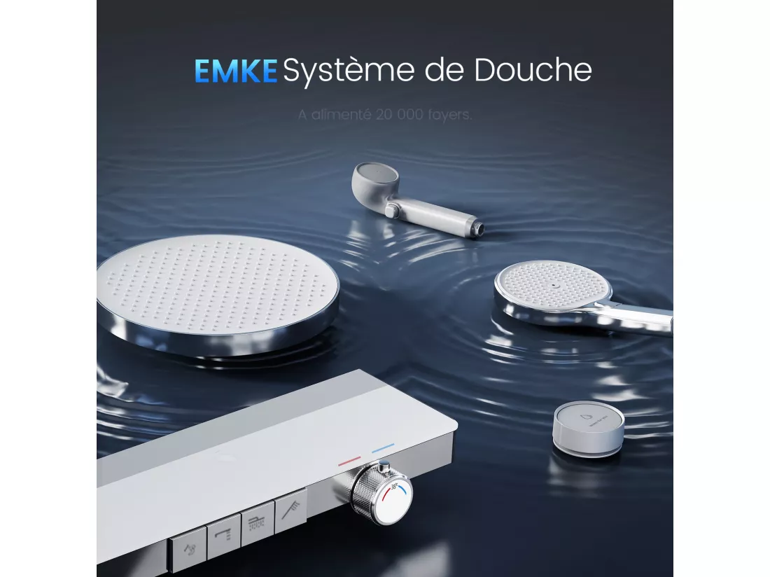 EMKE Colonne de douche avec thermostat 38℃ Douche pluie 40 cm étagère en verre avec 3+1 douchette parent-enfant+porte-douche - chromé