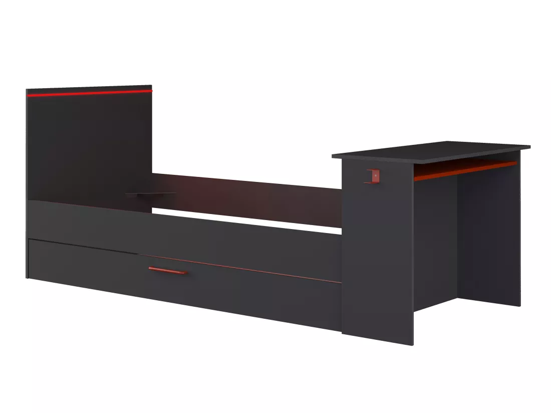 Lit gigogne gamer2 x 90 x 200 cm - Avec bureau - LEDs - Anthracite et rouge + Sommier - VOUANI