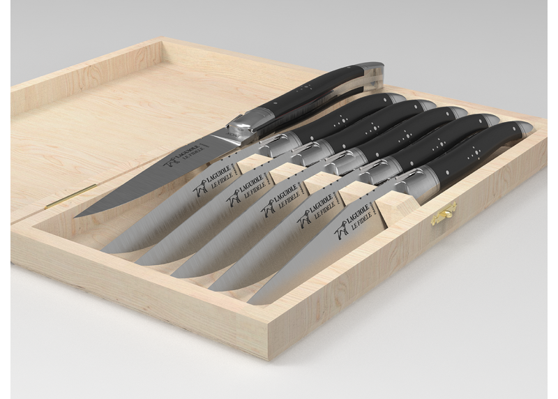Service de 6 couteaux Laguiole avec un manche en bois d'ébène et mitres en acier inoxydable