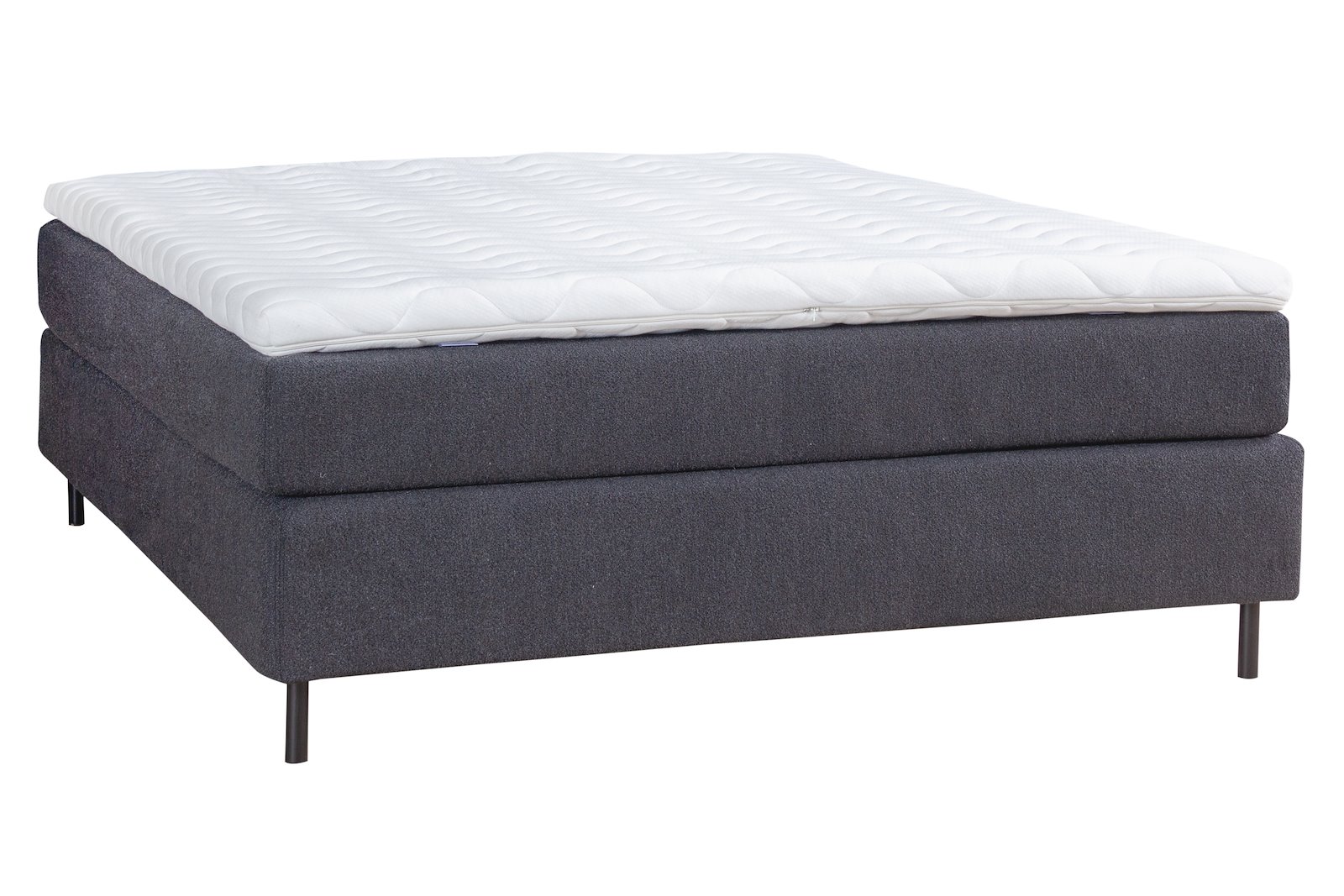Premium 14 kontinentalseng 150x200 cm i tekstil Bris 169 sort med medium/medium fasthet, Premium 14 overmadrass og runde sorte ben 15 cm