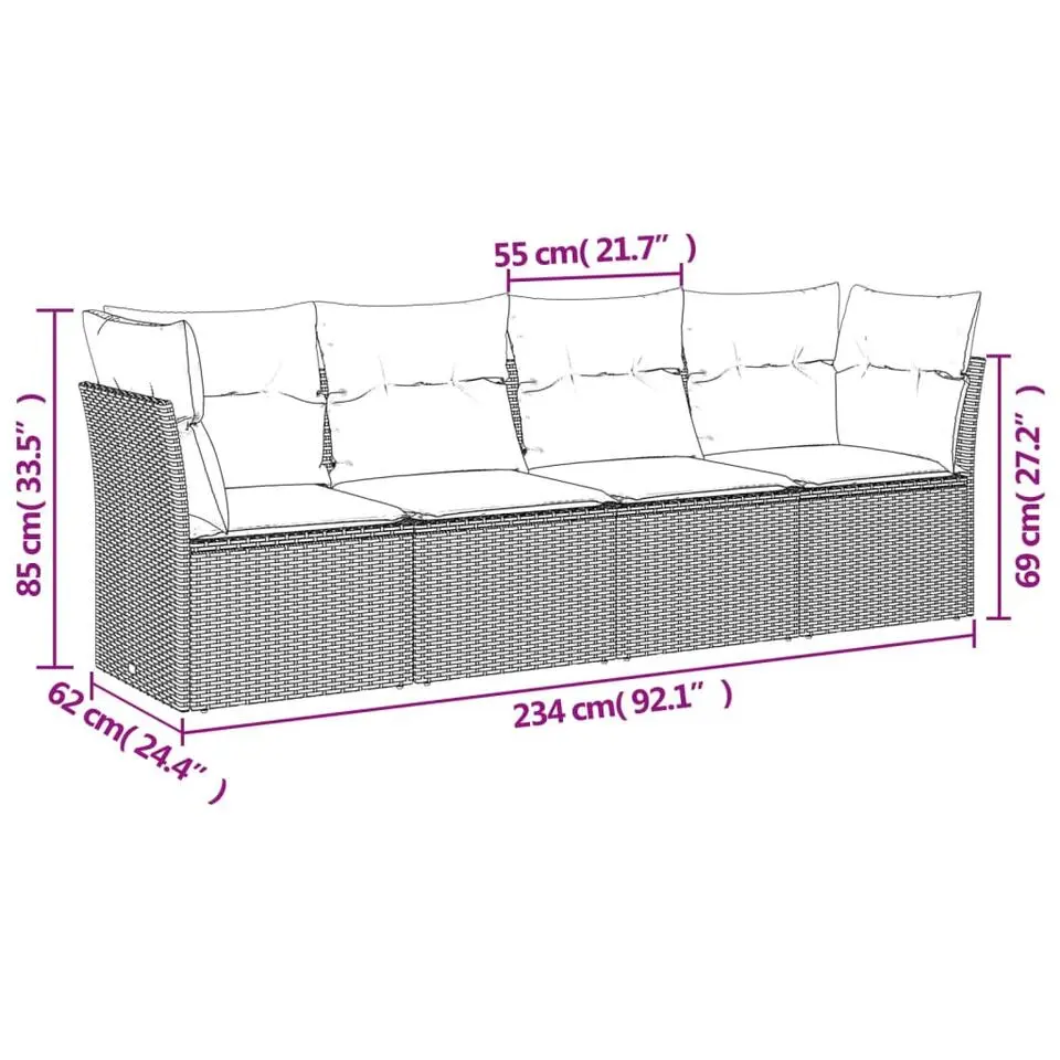 vidaXL Loungeset met kussens - set van 4 - Grijs - Poly Rattan - 234x62x69 cm