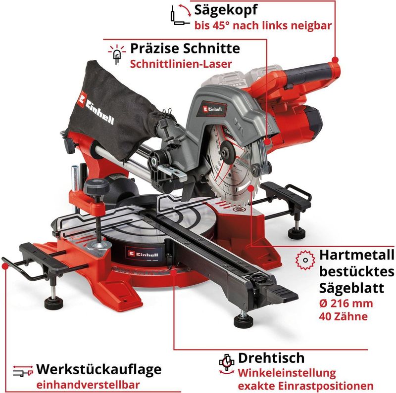 Einhell - TE-SM 36/8 L Li Solo - Accu Radiaal Afkort-/Verstekzaag - Power X-Change - 36 V - Ø216 mm - Incl. 40 Tands Zaagblad