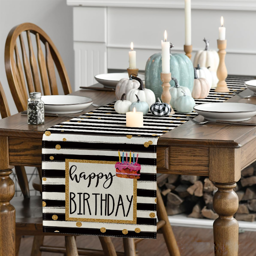 (184x34cm) Happy Birthday Tischläufer Geburtstags Party Deko Tischtuch - Schwarz / Weiss