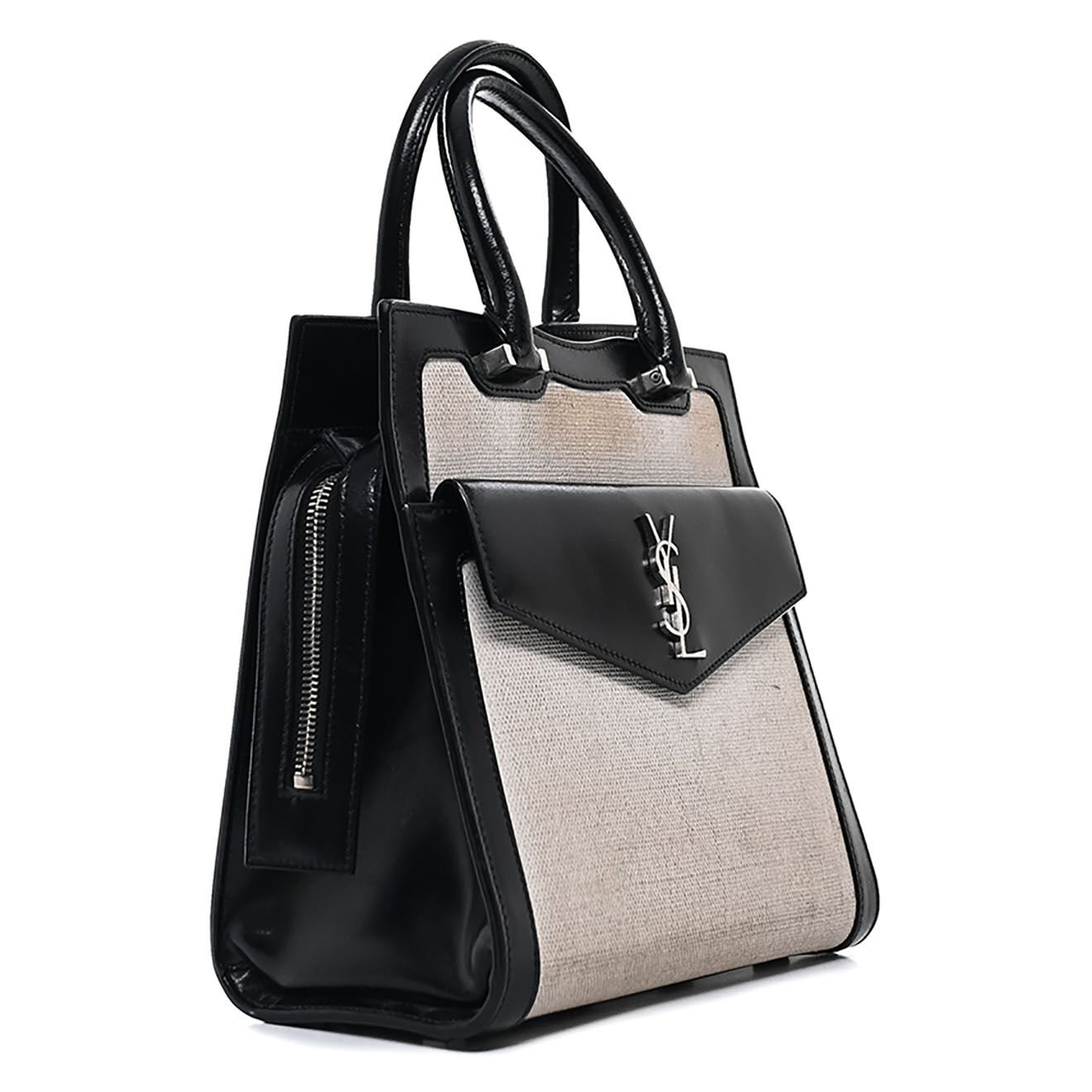 Saint Laurent Sac bandoulière Uptown Canvas & Cuir box écru - État correct - L.23 cm