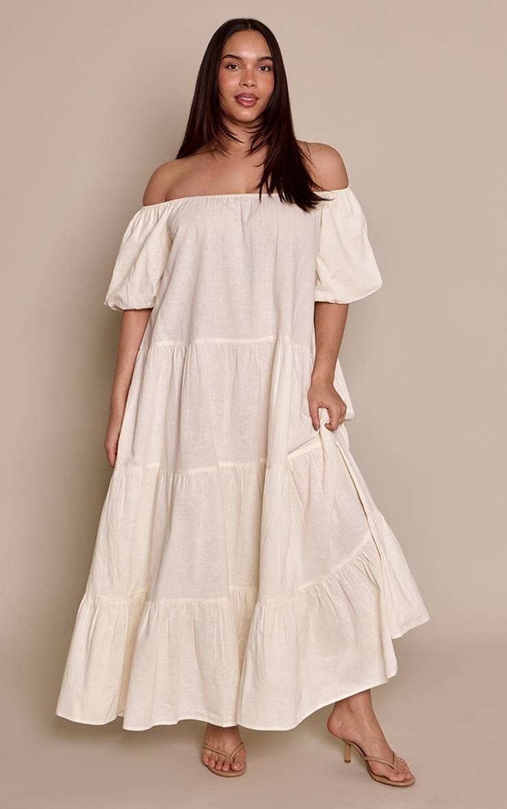 Crème Robe Maxi Grande Taille À Encolure Bardot Étagée Effet Lin