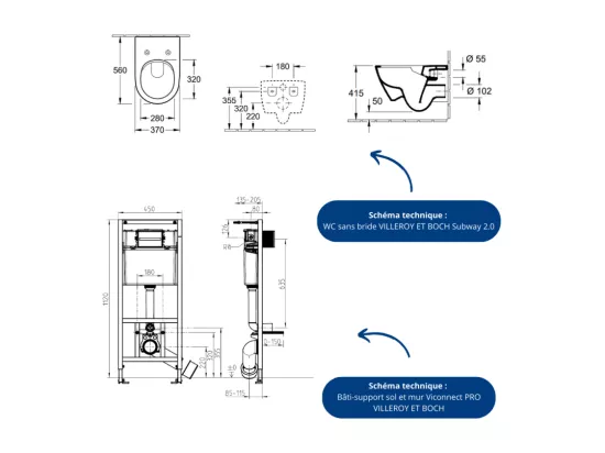 Pack WC sans bride VILLEROY ET BOCH Subway 2.0 avec abattant frein de chute + bâti Viconnect PRO + plaque noir mat