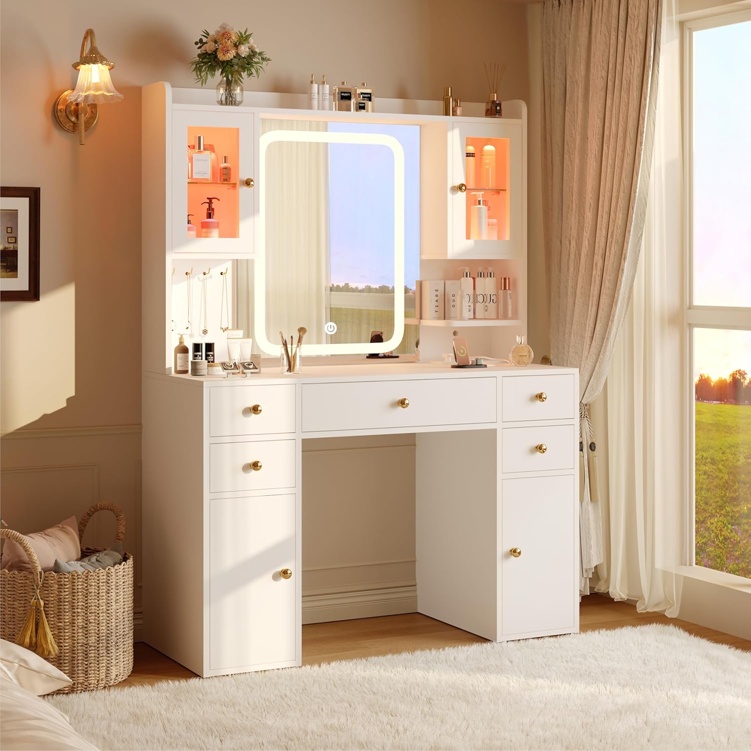 YOUDENOVA Schminktisch mit Beleuchtung und Spiegel, Großer Vanity mit Schubladen & 2 RGB-Glasvitrine, Dressing Table mit Steckdose, Frisiertisch Modern, Weihnachten Geschenke für Mädchen, Weiß