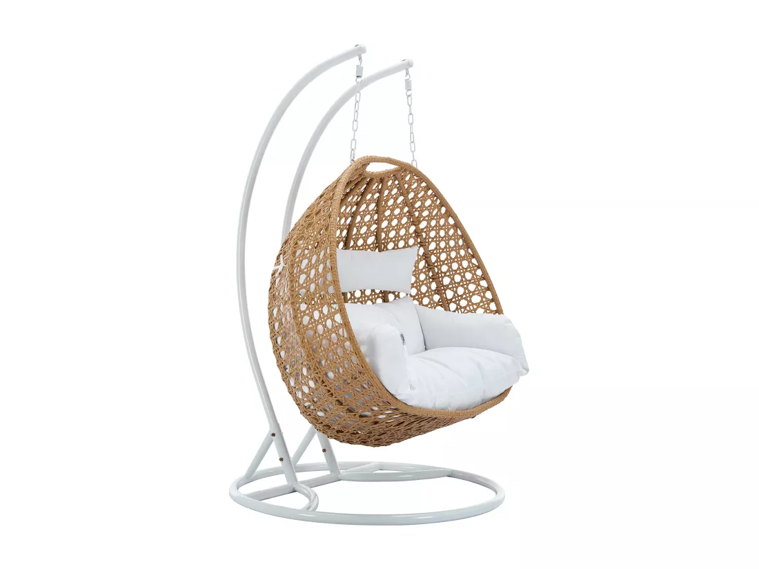 Fauteuil suspendu 2 places en résine tressée - Naturel clair avec coussins blancs - TILLO de MYLIA