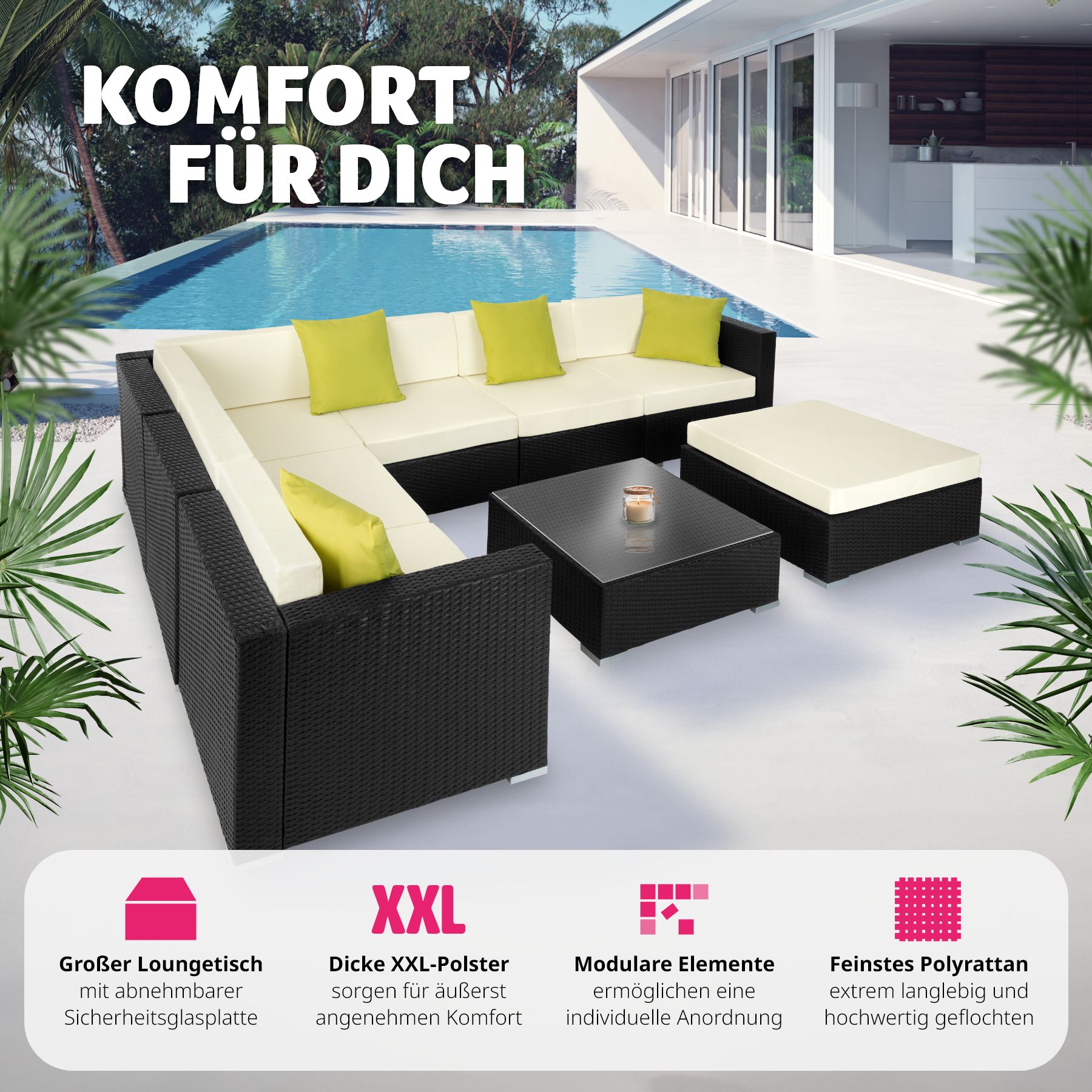 tectake® Rattan Lounge, mit Aluminiumgestell, wetterfest und UV-beständig, mit Sicherheitsglasplatte