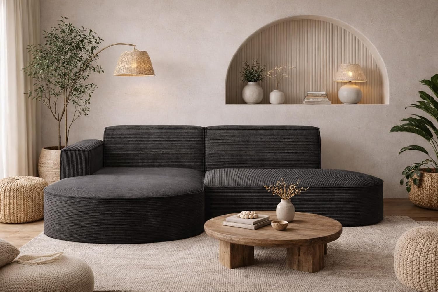Kaiser Möbel - Ecksofa mit Wohnlandschaft, Eckcouch L-Form, Sofa 3-sitzer, Polstersofa, Bequemes Couch mit Ottomane für Wohnzimmer, Relaxsofa, Stilvolles Cord Sofa, Modena Studio, Dunkelgrau, Links