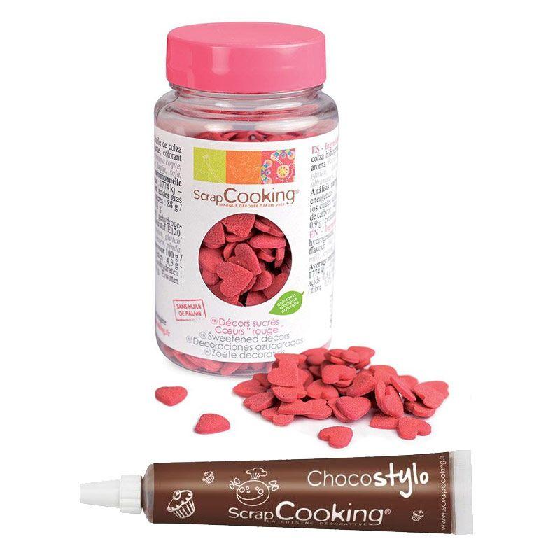 Décors sucrés coeurs rouges + Stylo chocolat Scrapcooking