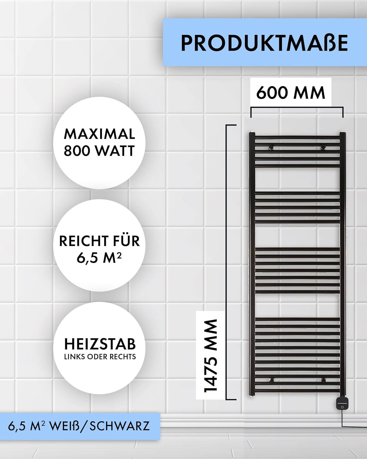 anapont Elektrischer Badheizkörper 1475x600 Handtuchheizkörper – Timer - Handtuchradiator, IPx5, komplett montiert – Atmosphäre & Komfort im Bad (mit Zeitschaltuhr)