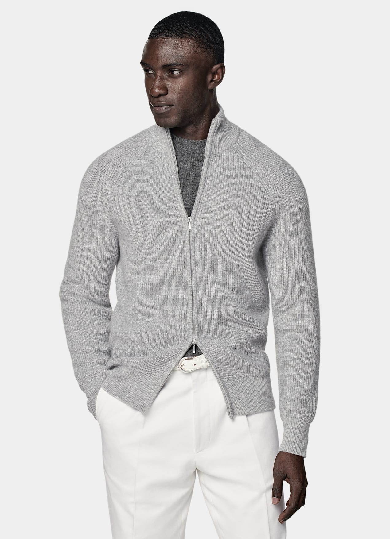 Cardigan zippé côtelé gris clair