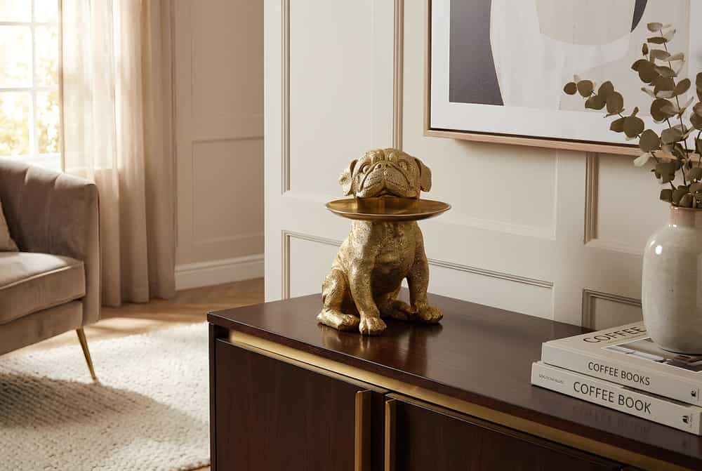 Deko-Figur BULLDOG 35cm gold Spardose mit Ablageplatte handmade