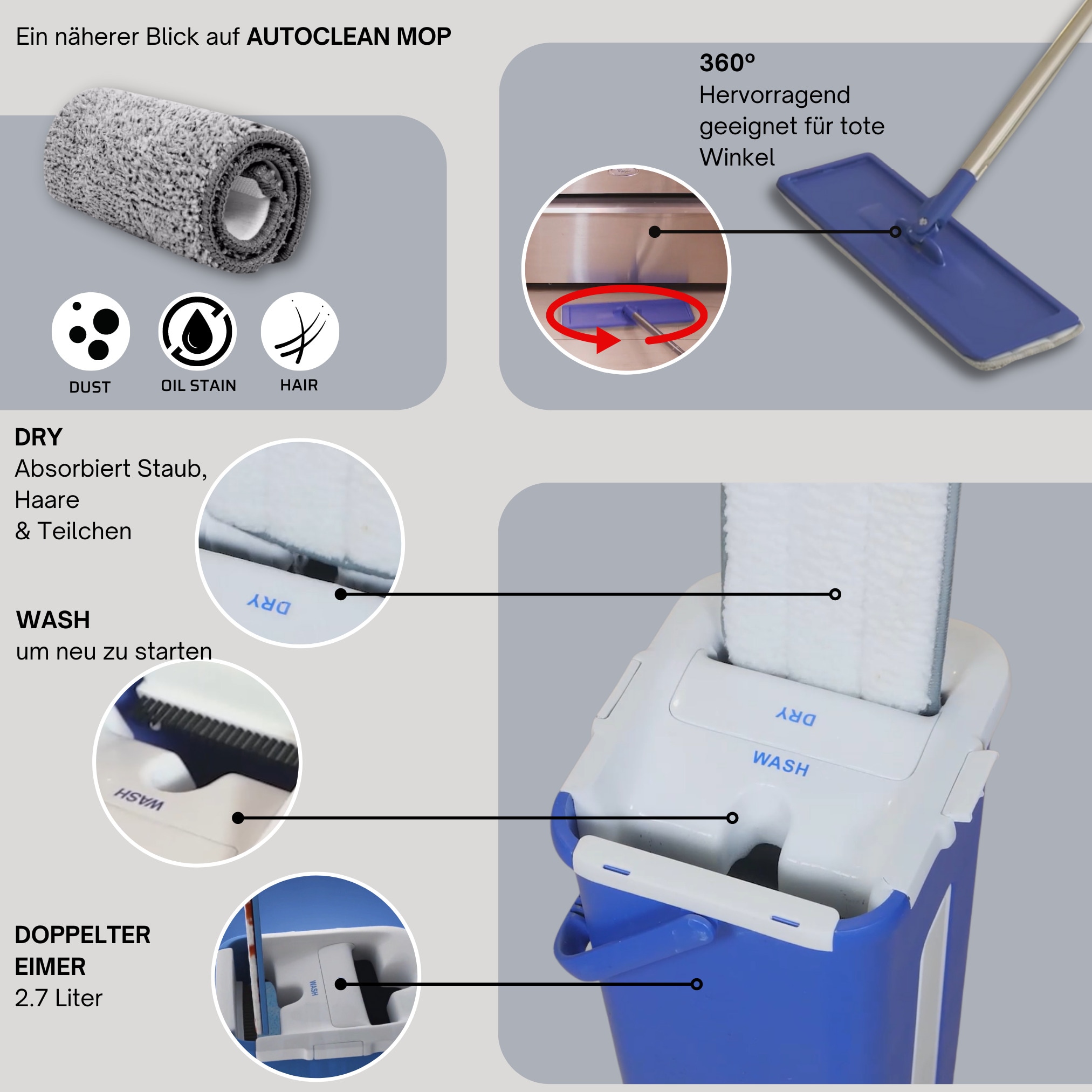 Starlyf® Bodenwischer Set, Wischsystem selbstreinigend, Doppelkammereimer Autoclean Mop