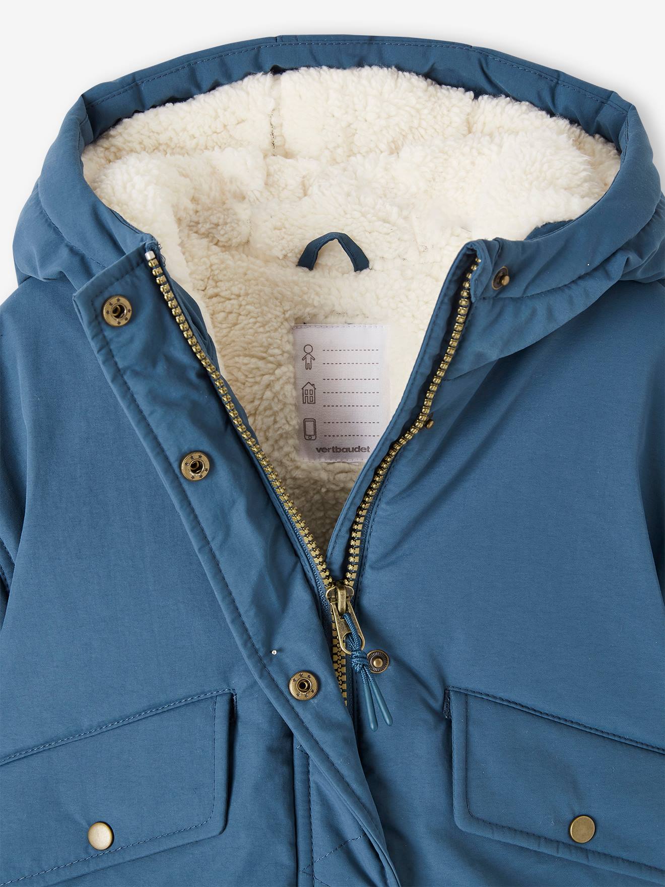 Parka curta com capuz e forro de sherpa para meninas, azul petróleo