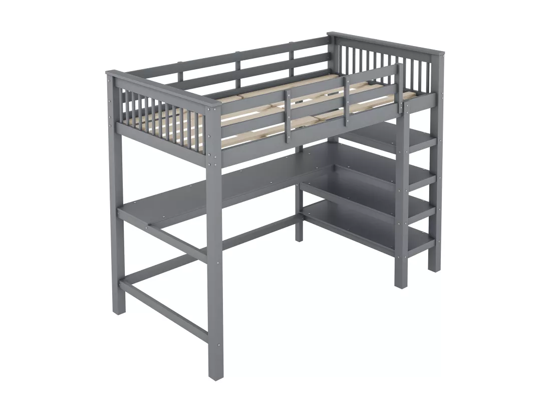 Lit mezzanine 90x200cm en bois - avec bureau et étagère de rangement - Gris