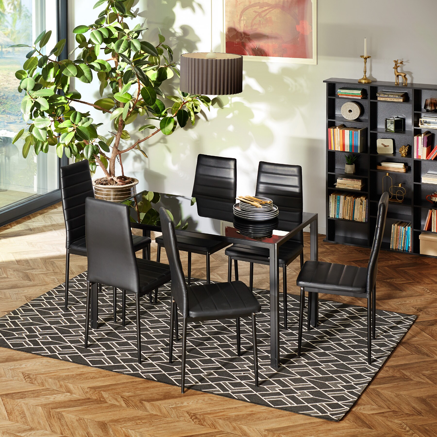 tectake® Esszimmergruppe, 7-teilig, gepolstert mit Kunstlederbezug, bodenschonende Kunststoffkappen